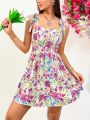 SHEIN WYWH Women's Floral Print Knotted Shoulder Strap Dress
