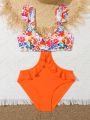 Tween Girl Floral Printed Monokini With Waist Cut Outs