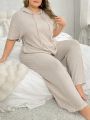 Casual Plus Size Women's Two-Piece Ribbed Sleepwear Set