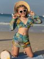 3pcs/Set Tween Girls' Marble Pattern Spaghetti Straps Backless Bikini Swimsuit Set