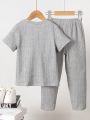 SHEIN Kids EVRYDAY 2pcs/Set Toddler Boys' Casual Plaid Short Sleeve Shirt And Long Pants Outfit