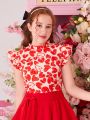 SHEIN Teen Girls' Woven Love Heart Pattern Flying Sleeve Casual Blouse