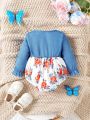 Infant Girls' Floral Patterned Bodysuit With Ruffle Hem On Bottom, Spring And Autumn