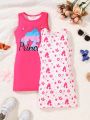 SHEIN Kids SUNSHNE Young Girls' Crown & Star & Cartoon Character Printed Vest Dress With Two Piece Set