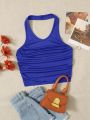 SHEIN Teen Girls' Sleeveless Knitted Solid Color Halter Neck Slim Fit Casual Tank Top