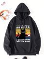 Men Cat And Slogan Graphic Drawstring Thermal Lined Hoodie