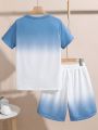 SHEIN Kids EVRYDAY Tween Boys' Loose Casual Gradient Pattern Short Sleeve T-Shirt And Shorts Set With Round Neck