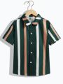 SHEIN Kids EVRYDAY Tween Boys' Loose Fit Casual Woven Short Sleeve Striped Shirt