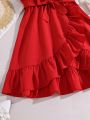 Teen Girl'S Red Wrap Belted Dress With Ruffle Hem
