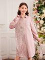 SHEIN Kids CHARMNG Big Girls' Loose Fit Collared Long Sleeve Shirt With Sequin Patchwork