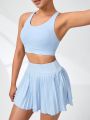 SHEIN Daily&Casual Women's Solid Crisscross Strap Sleeveless Top And Pleated Skirt Sportswear Set