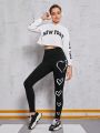SHEIN Teenage Girls' Knitted Solid Color Heart Pattern Casual Leggings
