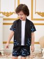 SHEIN Kids SUNSHNE Toddler Boys' Shark Printed Short Sleeve Shirt And Shorts Set