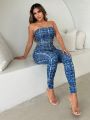 SHEIN SXY Women's Plaid Printed Strapless Jumpsuit With Skinny Fit