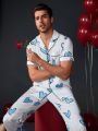 Men'S Casual Homewear Set With Love Print And Contrast Color Edge