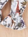 Baby Girl Butterfly Knot Off Shoulder Jumpsuit And Giraffe Print Bell-Bottom Pants Set