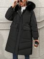 SHEIN LUNE Coat With Big Pockets, Drawstring Waist, Fur Collar And Hood, Filled With Down