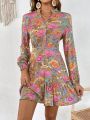 SHEIN VCAY Floral Print Lantern Sleeve Ruffle Hem Dress