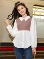 SHEIN Teen Girls' Color Block Two-In-One Lantern Sleeve Blouse