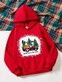 Tween Boy 1pc Christmas Print Hooded Thermal Lined Sweatshirt
