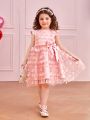 SHEIN Kids CHARMNG Girls' Mesh Applique Round Neck Flying Sleeve Dress With Bow Decor