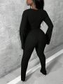 SHEIN Slayr Stripe Pattern Ladies' Tight Jumpsuit With V-neckline