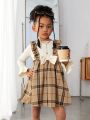 SHEIN Kids Cooltwn Little Girls' Street Style Sporty Knitted Plaid Patchwork Round Neck Long Sleeve Dress