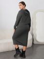 SHEIN Essnce Plus Size Button-Up Hooded T-Shirt With Drawstring Detail High Side Slit Half Skirt Set