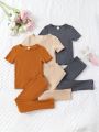 SHEIN Kids Nujoom Three Sets Of Simple Solid-Color Trousers And Short-Sleeved Home Clothes For Boys