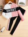 SHEIN Kids Nujoom Girls' Loose Fit Retro Style Color Block Splicing Letter Print T-shirt And Leggings Set