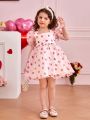SHEIN Kids CHARMNG Little Girls' Square Neck Puff Sleeve Mesh Strawberry Pattern Dress