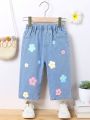 Baby Girls' Cute Dopamine Colored Flower Print Loose Fit Wide Leg Jeans, Light Blue Wash