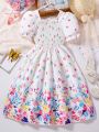 SHEIN Kids FANZEY Tween Girls' Floral Print Puff Sleeve Princess Dress