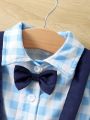SHEIN Baby Boys' Cute Suspenders Shorts And Checked Butterfly Bowtie Shirt