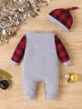 SHEIN Cute Baby Long-Sleeved Romper With Hat, European And American Style Autumn And Spring Christmas Jumpsuit