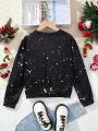 SHEIN Kids SPRTY Tween Girls' Christmas Printed Round Neck Loose Fit Sweatshirt With Drop Shoulder
