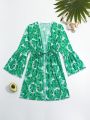 Girls' Drawstring Waist Bell Sleeve Tropical Printed Kimono