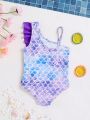 SHEIN Baby Girl's Summer Casual Irregular Shoulder One-Piece Swimsuit In Iridescent Fish Scale Print And Colorblocking