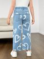 SHEIN Little Girls' Cute Heart Pattern Printed Casual Jeans
