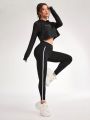 Women's Hooded Sweatshirt With Mesh Splicing And Drawstring And Elastic Waist Pants Sports Set