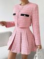 SHEIN Privé 2pcs/set Short Woolen Jacket And Pleated Skirt