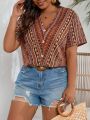 Plus Size All-Over Printed V-Neck Button Decoration Blouse