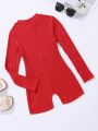 SHEIN Big Girls' Knitted Solid Color Short Jumpsuit With Small Stand Collar, Tight Fit For Casual Wear