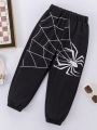 SHEIN Kids EVRYDAY Little Boys' Casual Solid Color Spider Printed Trousers For Daily Wear In Spring And Autumn