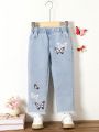 Little Girl's Cute Butterfly Print Washed Soft Jeans