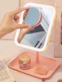 1pc Led Lighted Square Plastic Desktop Beauty & Makeup Mirror With 3 Light Colors, Foldable Base And Storage Function