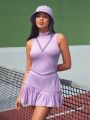 SHEIN VARSITIE High Neck Color Block Sleeveless Vest Top And Pleated Hem Mini Skirt 2pcs/set
