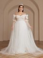 SHEIN Belle Plus Size Off-Shoulder Floral Embroidery Mesh Wedding Dress