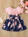 Baby Girls' Butterfly Printed Patchwork Puff Sleeve Belted Dress