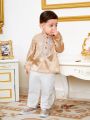 SHEIN Baby Boys' Paisley Print Shirt With Stand Collar And Embroidery Detail